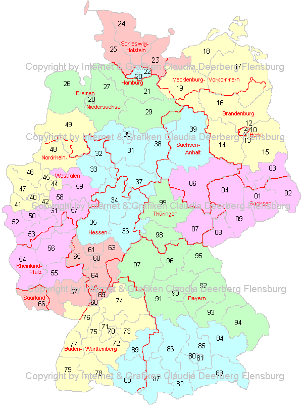 Postleitzahlenkarte Deutschland farbig mit Bundeslandgrenzen